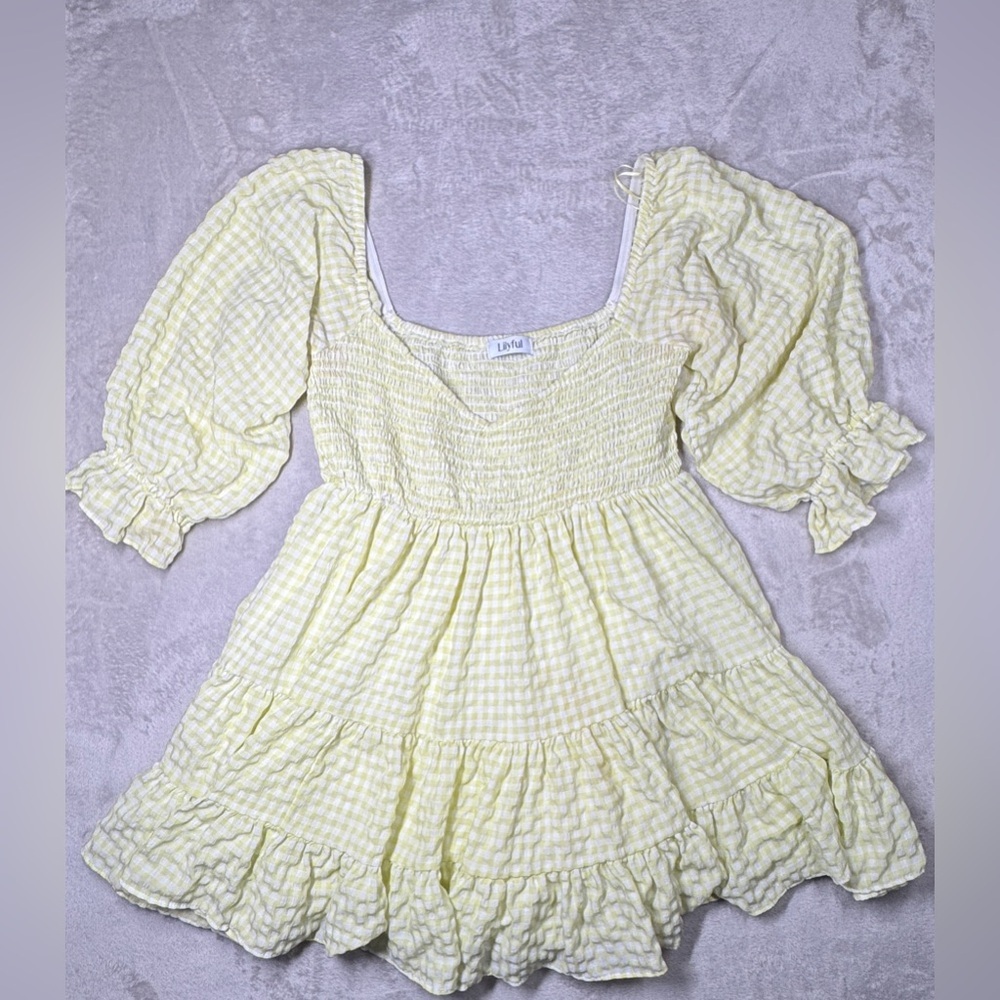 Lilyful Gingham Plaid Yellow White Mini Babydoll Ruffle Smocked Bodice Dress L